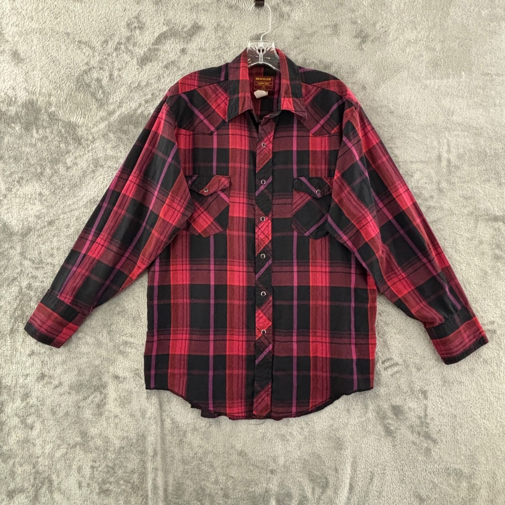 Rustler Western Snap Shirt Mens 16.5 32/33‎ Red Black Plaid X-Long Tails